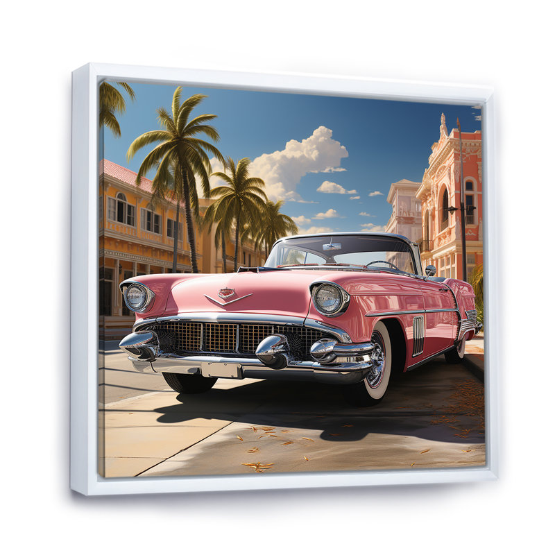 Voiture rétro classique rétro sur toile rose, Cadre flottant blanc, 16" H x 16" W