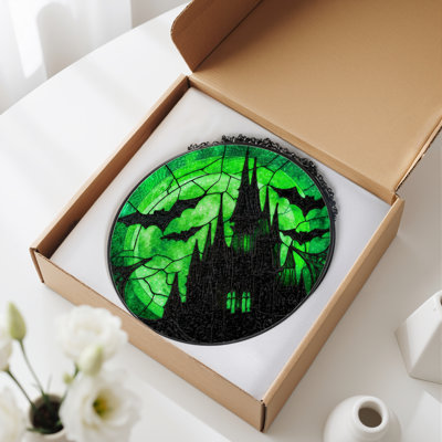 12"H Green Castle Stained Glass Window Panel