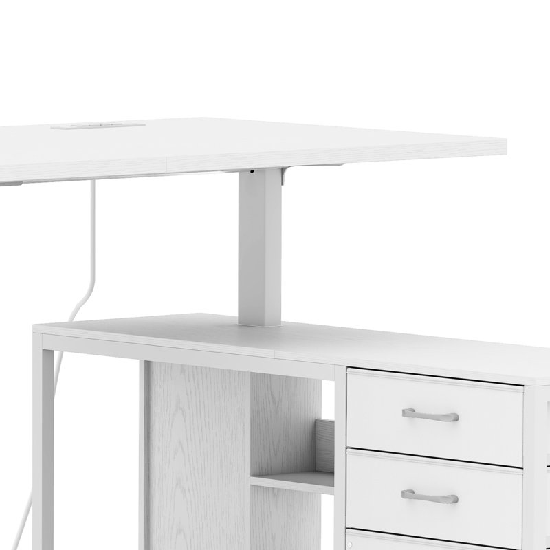 Bureau debout électrique en L de 63 po Aderyn, bureau à hauteur réglable avec prises de courant et 3 tiroirs de rangement