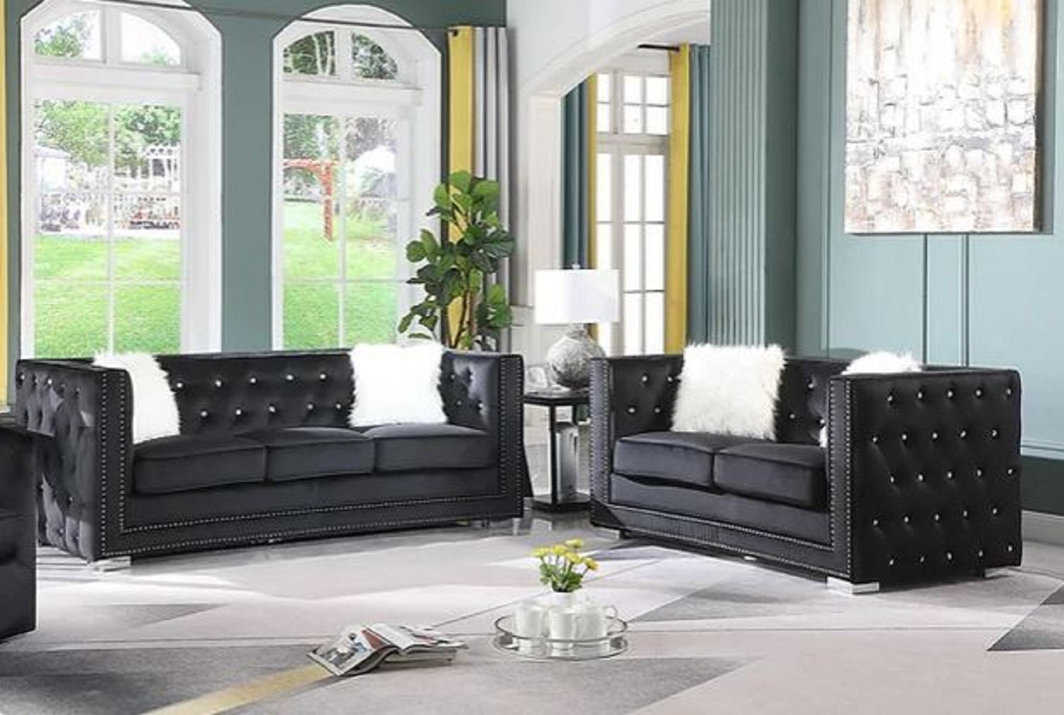 Mercer41 Sochi Black Velvet Fabric Button Tufted Sofa And Loveseat ...