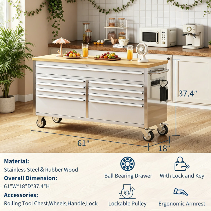 Établi avec coffre à outils à roulettes de 61 pouces avec plateau en bois massif, armoire de rangement verrouillable à 9 tiroirs sur roulettes, chariot à outils robuste pour garage, atelier et atelier de réparation.