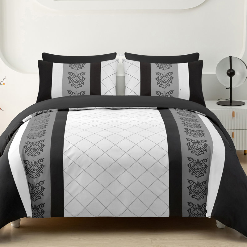 Microfiber Geometric Duvet Cover Set, Single (135cm x 200cm), Black & White