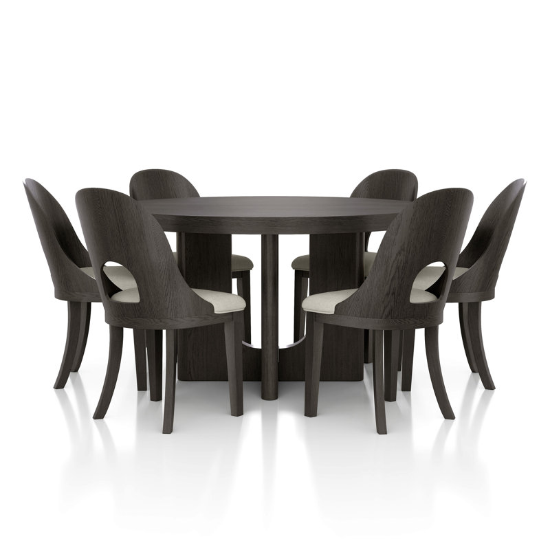Doloros Bart Round Dining Table Set, 7 Pieces: Table, 6 Chairs, Ash Gray