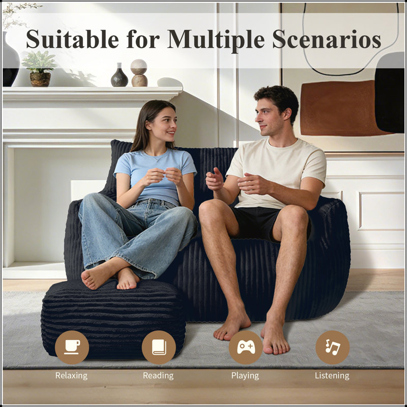 Fauteuil à billes surdimensionné 2 places avec repose-pieds Cloud-Love pour un confort ultime dans le salon et la chambre à coucher