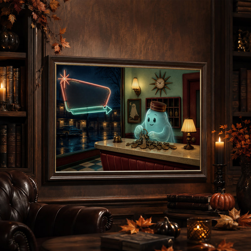 Un groom fantôme bleu lumineux avec des clés, une toile murale rétro pour l'Halloween, H 16 po x l 24 po
