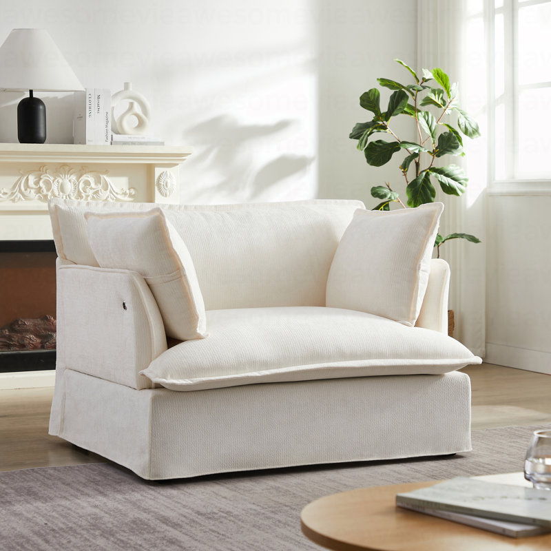 Chenille Fabirc 47.2" Oversized Accent Chair with Dual-Port Charging, Skirted Base, Curved Armrest, Throw Pillows, Deep and Wide Seat, Cloud-Like Comfy Single Sofa, Modern Design for Living Room&Apartment
