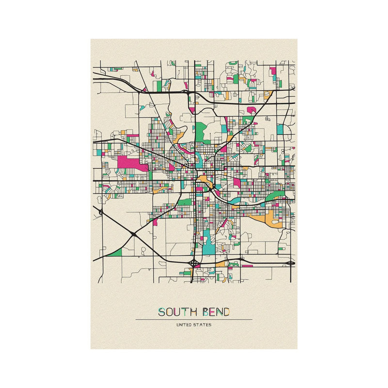 «South Bend, Indiana Map» par Ayse Deniz Akerman - impression sur toile tendue, H 18 po x l 12 po x 1,5 po
