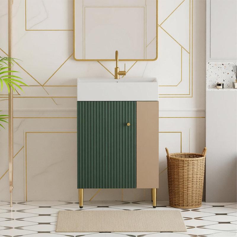 Meuble-lavabo à tablettes ouvertes 21,6 po avec lavabo en céramique et porte à fermeture douce, assemblage requis, Vert
