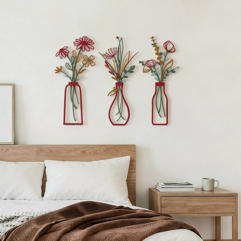  3-Piece Metal Flower Wall Art Set, Minimalist Boho Wall Decor, Red
