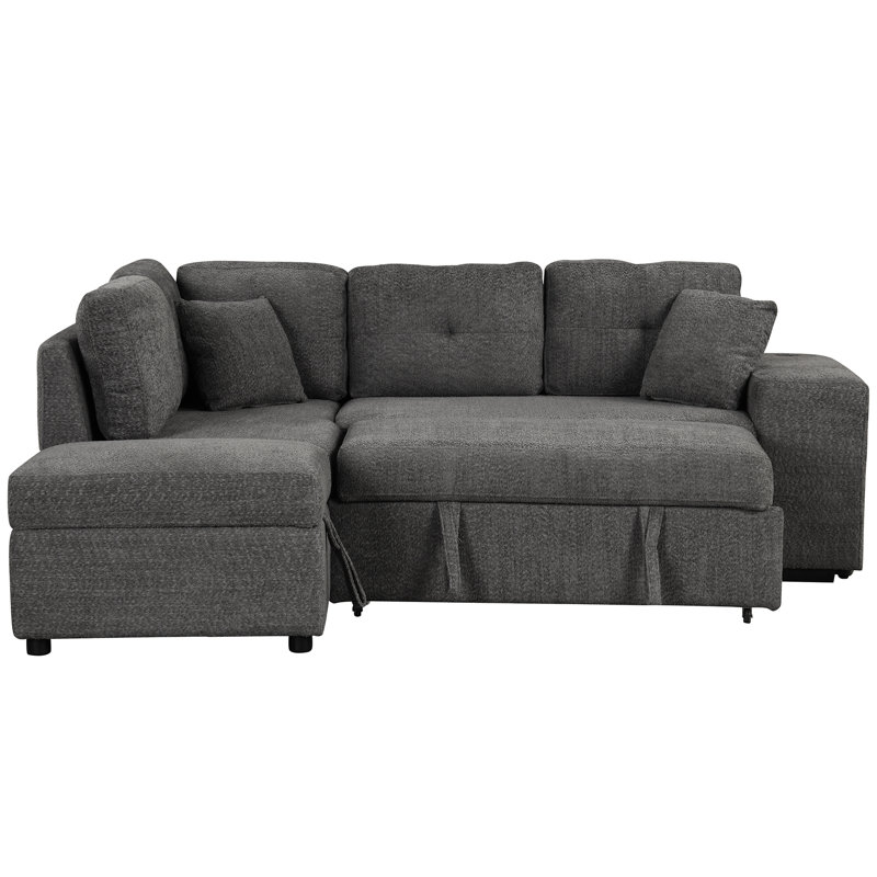 Canapé-lit 87,7 po avec rangement et gris foncé. 2 tabourets, coussins décoratifs, ports sans fil pour salon gris, 87,7 po
