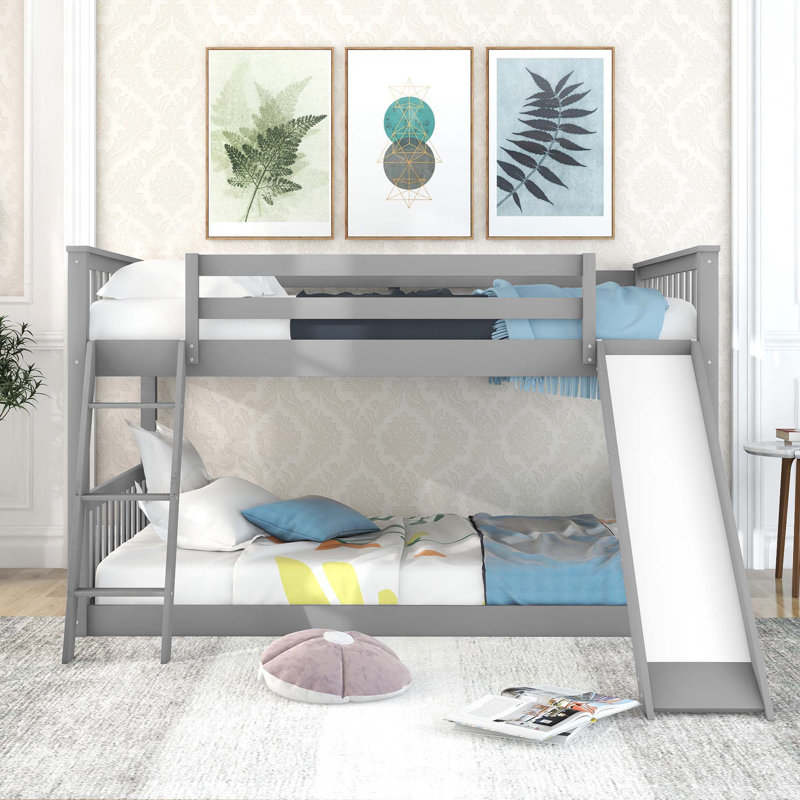 Lit superposé double sur double avec glissière convertible et échelle, Gris