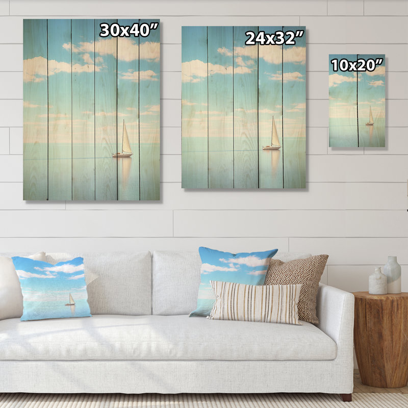 «Blue Maritime Sailboard Horizon» - art mural en bois côtier sur bois de pin naturel, H 20 po x l 10 po