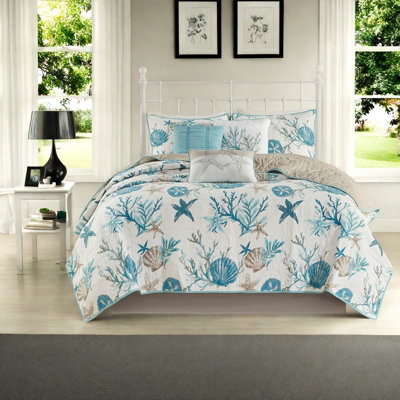 Ensemble de literie 6 pièces Coastal, satin de coton double grand lit, maison moderne