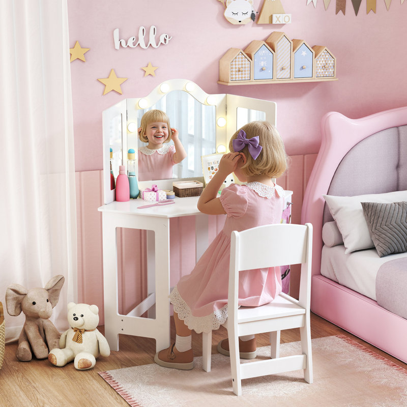 AIYAPLAY Kids Dressing Table and Stool Set with 2-Colour LED Lights White