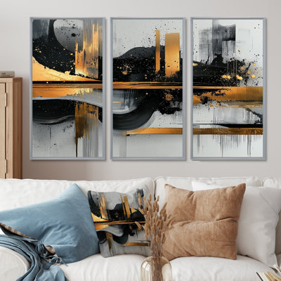 Dark Transition Golden Shifting Horizons II - Transitional Shapes Wall Art For Living Room - Set Of 3