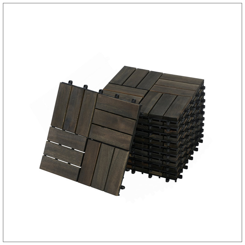 Carreaux de terrasse en bois d'acacia emboîtables, motif à carreaux, 10 pièces 12 x 12 pouces, brun foncé, imperméables et faciles à installer pour les espaces extérieurs