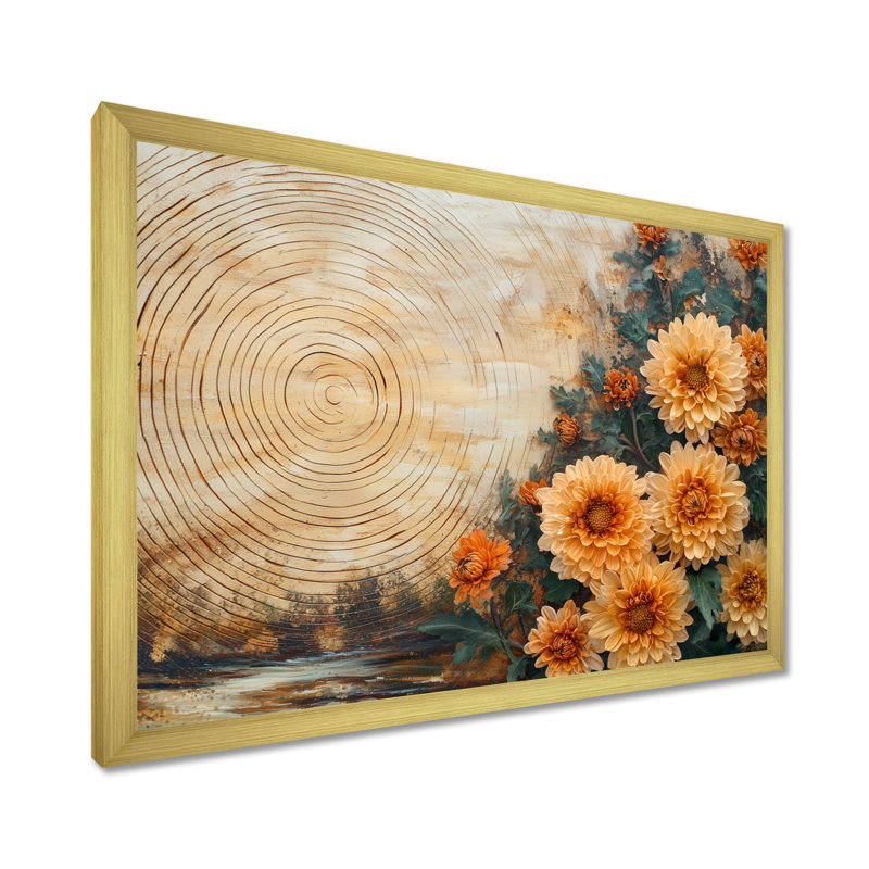 Automne, fleurs de chrysanthèmes sur un plateau en bois diapositive II - Chrysanthèmes, art mural, H 24 po x l 32 po, Doré