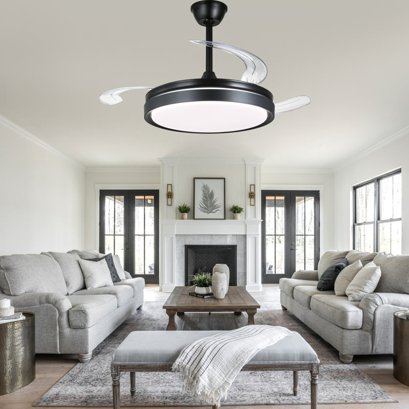 42 Inch Retractable Ceiling Fan With Lights, Modern Silent DC Motor 6 Speeds Chandelier Ceiling Fan For Bedroom, Black, Clear
