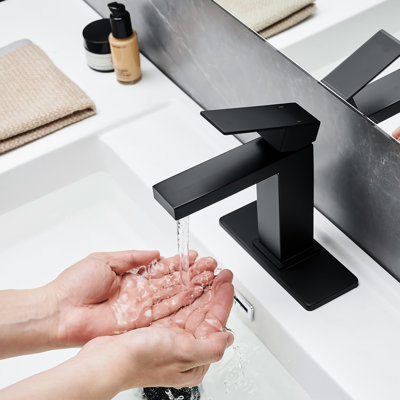 Bathroom Sink Waterfall Faucet In Black Matte, Deck Mount, One Hole, Single Handle, Pop Up Drain, Supply Lines, Control, Geometric Shape, Side , Cartridge Valve Faucet, Basin With Plate, Handle ,