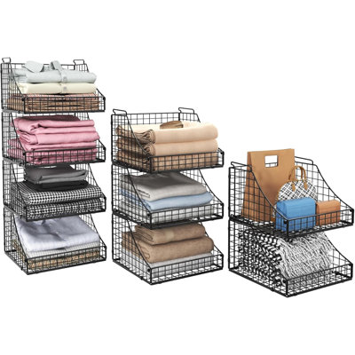 Stackable 4 Tier Wire Basket Organizer – Heavy Duty Metal Mesh Shelf with Handles, Foldable & Portable, Open Front Storage for Closet, Pantry, Kitchen, Countertop, Bathroom