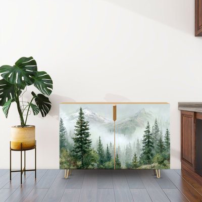 Sideboard Buffet Cabinet with Storage Watercolor Green Misty Mountain Forest Silhouette Beautiful Landscape with 2 Doors for Living Room and Kitchen