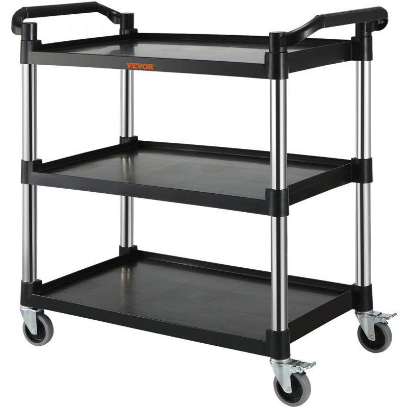 Black 3-Tier Utility Service Cart with Metal Wheels