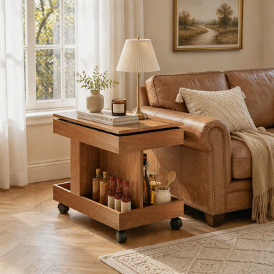 Petite table basse avec roulettes, table d'appoint multifonctionnelle rotative à 360 °, table de bout roulante avec compartiment de rangement, table de chevet mobile pour le salon, la maison et le mobilier de maison, naturel