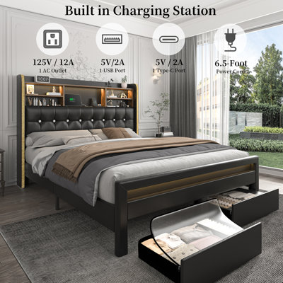 Bed Frame with Bookcase Storage Headboard and 2 Drawers Upholstered Tufted Wingback Beds