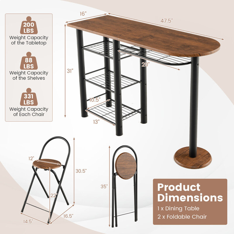 Ensemble de table de salle à manger 17 pièces 17 pièces avec 2 chaises pliables et 4 tablettes de rangement pour économiser de l'espace
