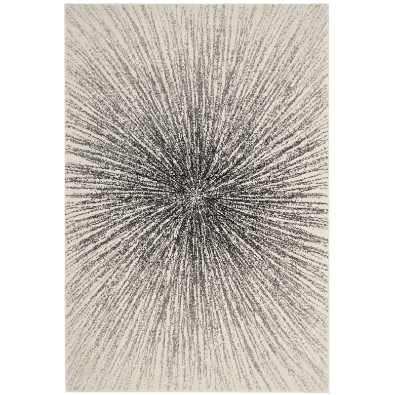 Tapis noir et ivoire à motif abstrait, Rectangle 2 pi 2 po x 4 pi