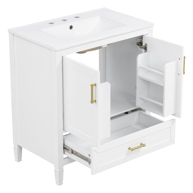 Meuble-lavabo cannelé élégant de 30 po avec lavabo en céramique, boîte simple, pieds en bois massif, portes et tiroir à fermeture en douceur, tablette de porte