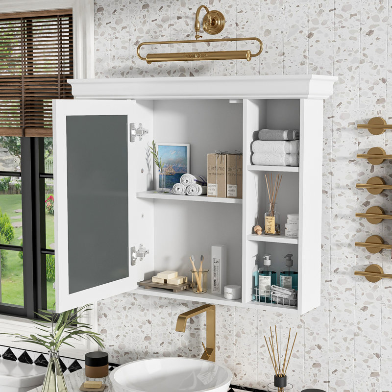 Armoire de rangement murale blanche 35 po x 28 po avec porte miroir, Blanc