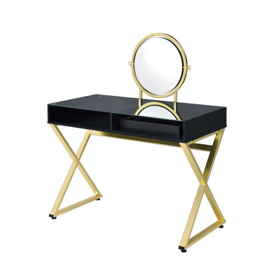 Meuble-lavabo noir et doré avec miroir inclus, plateau à bijoux, cadre en métal et 2 tiroirs de rangement, l 42 po x P 19 po H 50 po, cadre, plateau avec profondeur de 19 points