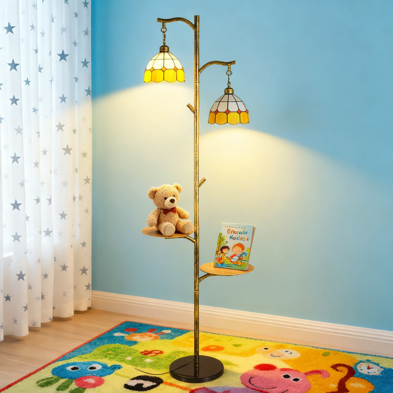 Tiffany Style Stained Glass Floor Lamp With Tray, Dimmable Standing Lamp With Custom Color Temperature For Living Room And Bedroom, Handcrafted Bronze And Glass Design