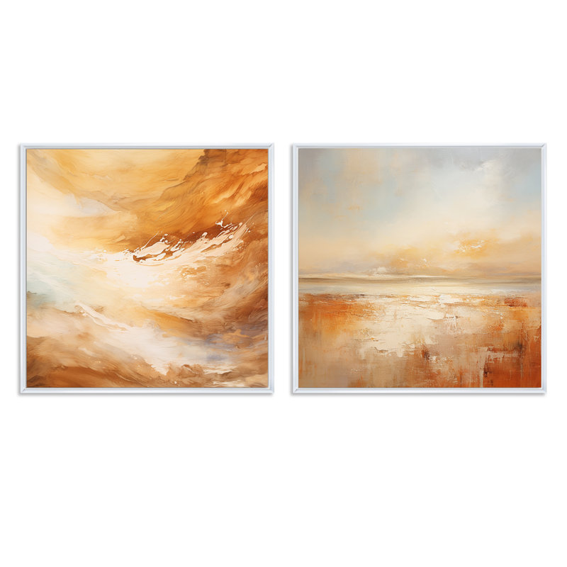 Beige Sandy Clouds Horizon I - ensemble de 2 nuages carrés, Cadre flottant blanc, H 30 po x l 61 po