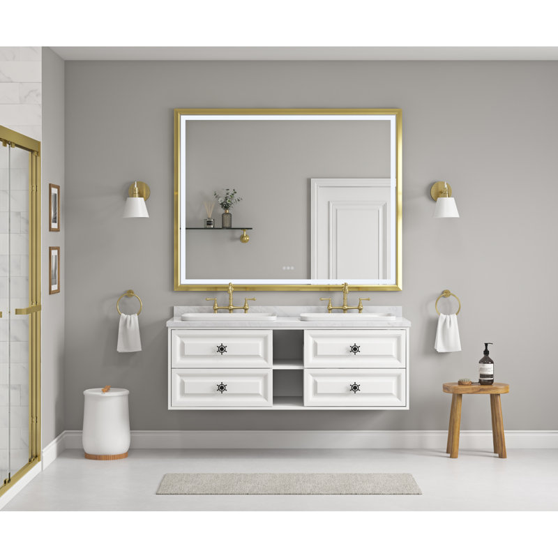 Miroir de salle de bain 72 "x 48" avec bordure en aluminium, fixation murale, fonctionnalité brouillard, 3 options de couleurs, éclairage à intensité variable, miroir 48 pouces de style or brossé, cadre, brouillard, couleurs, réglable en continu