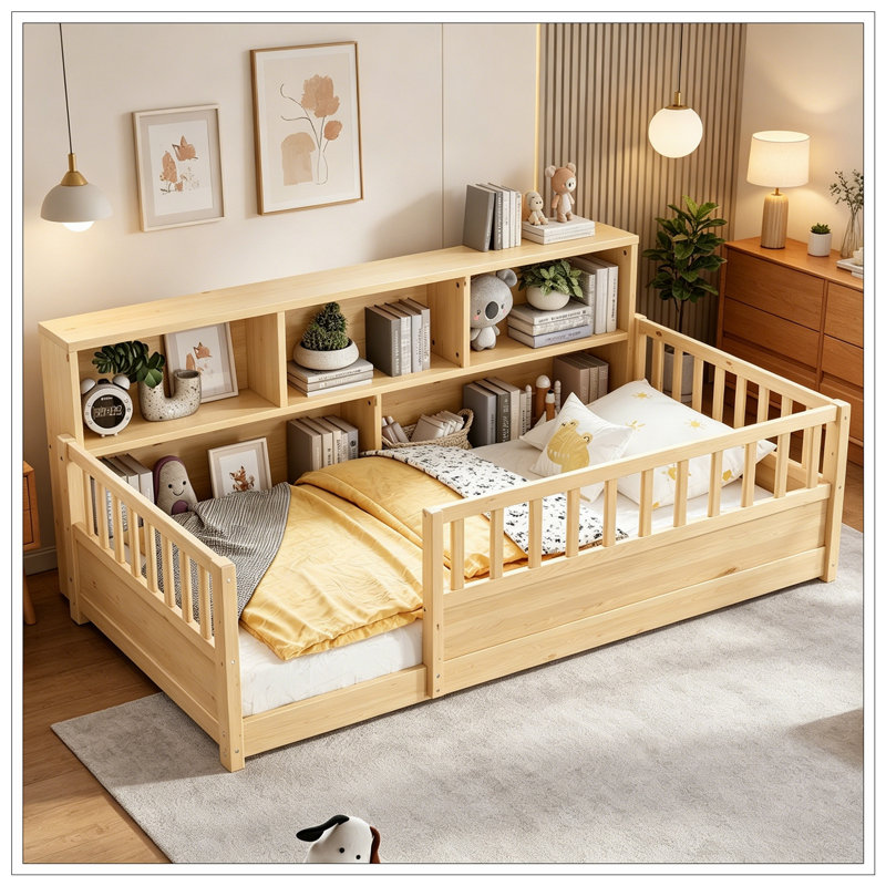 Lit simple en bois avec garde-corps de clôture et rangement décoratif latéral, Naturel