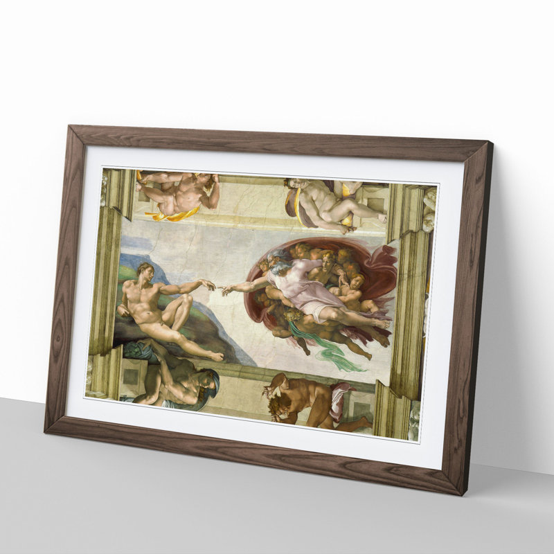 The Creation of Adam by Michelangelo - Picture Frame Painting on MDF, Walnut Framed, 48cm H x 65cm W x 2cm D