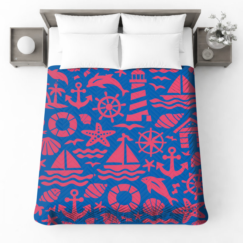 Nautical Icons Pattern Quilted Bedspread All Sizes, Full / Double