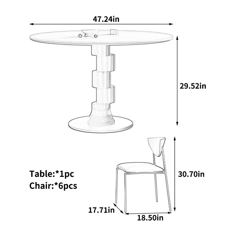 Table ronde unique et élégante, 7 pièces : table, 6 chaises, H 29,52 po x l 47,24 po x P 47,24 po