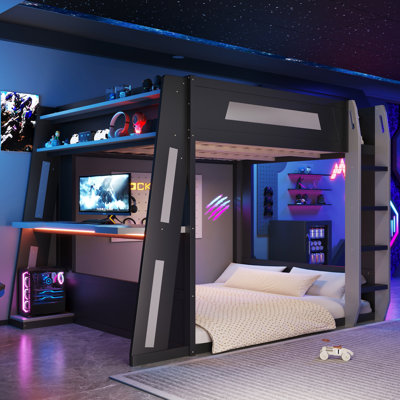  Lit superposé grand sur grand avec bureau, tablettes de rangement et DEL, noir et gris