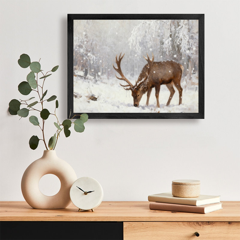 «Black Bucks in the Snow», reproduction d'art encadrée noire, H 9 po x l 11 po