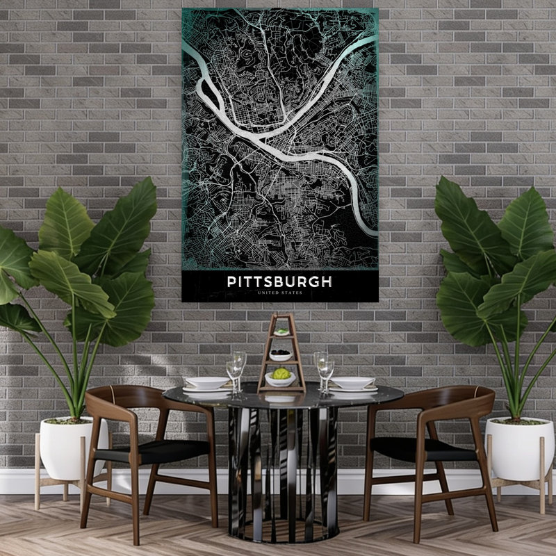 Modern Pittsburgh City Map Retro Vintage City Architecture Wall Art Print 1 Piece Wrapped Canvas Wall Art