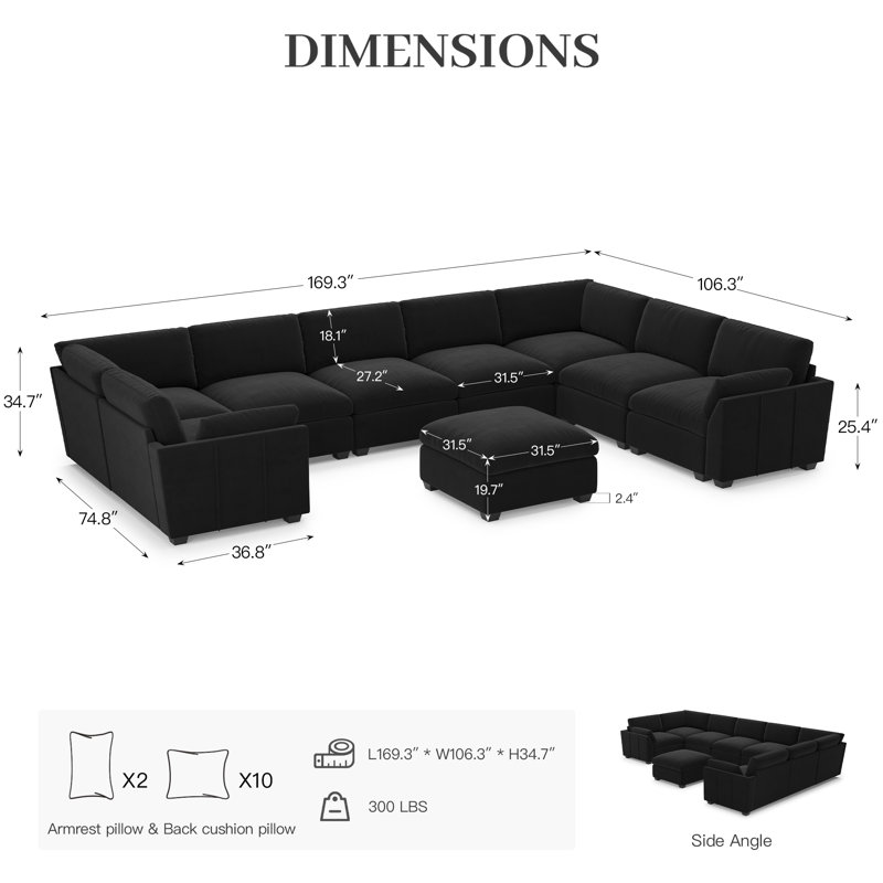 Knaack Oversized U Shaped 169.3'' Wide Sectional Sofa Velvet & Plush Wide Livingroom Couch, Black Velvet