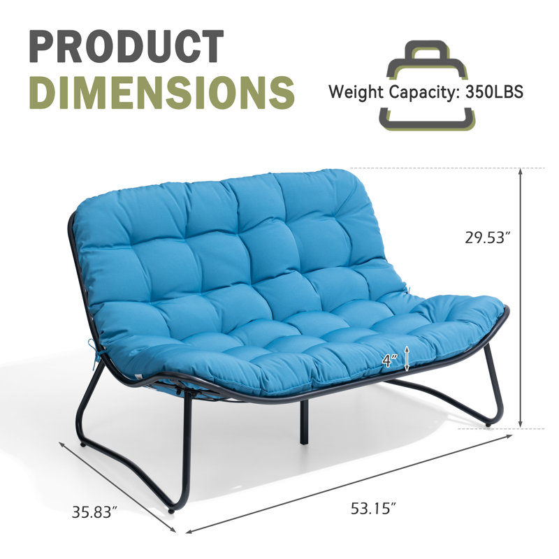53.15" Wide Metal Patio Loveseat With Cushion, Blue