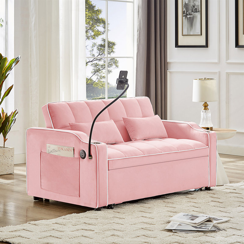 Canapé-lit coulissant, dossier réglable et avec port USB, Velours rose