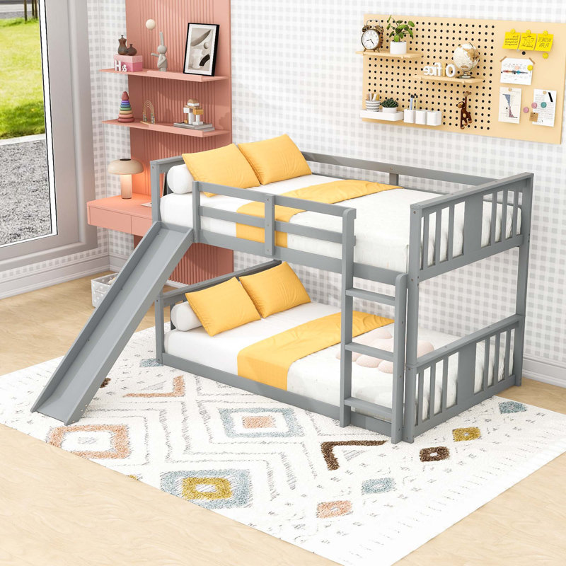 Twin Over Twin Bunk Bed With Slide And Safety Guardrails