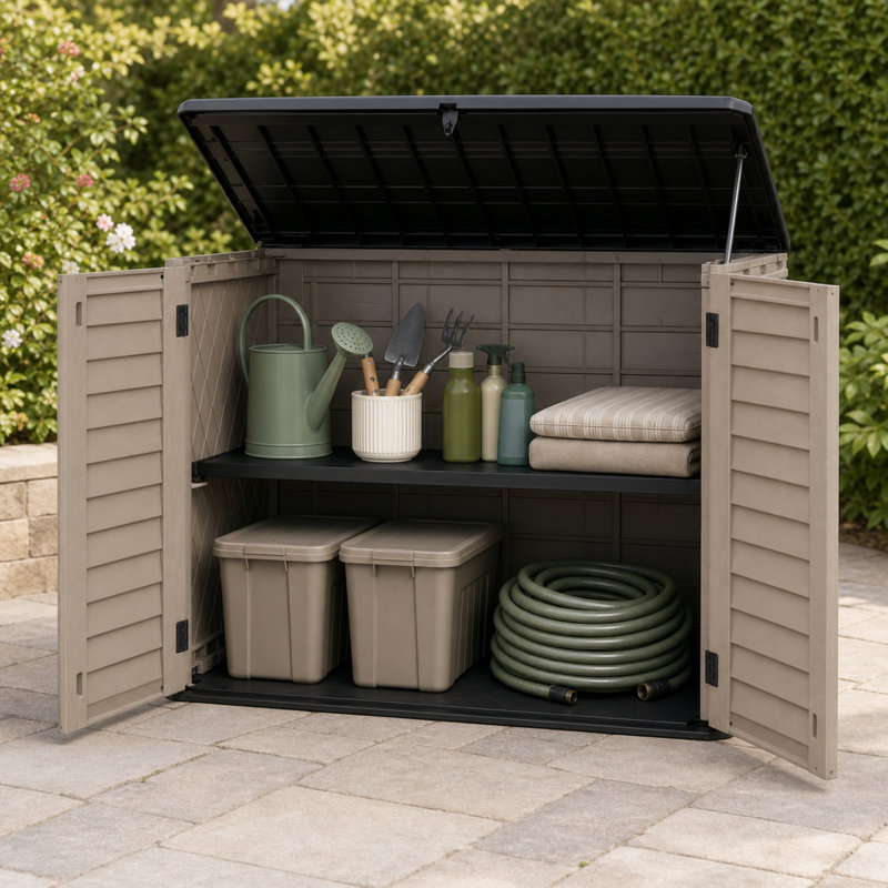 Abri de rangement horizontal résistant aux intempéries d'une capacité de 194 gallons avec portes à double ouverture