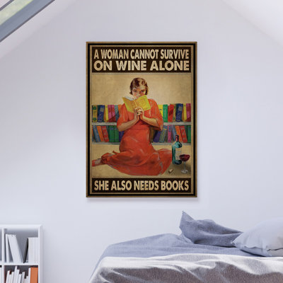 «Girl With Bookshelf - A Woman Cannot Survive», reproduction d'art graphique sur toile tendue