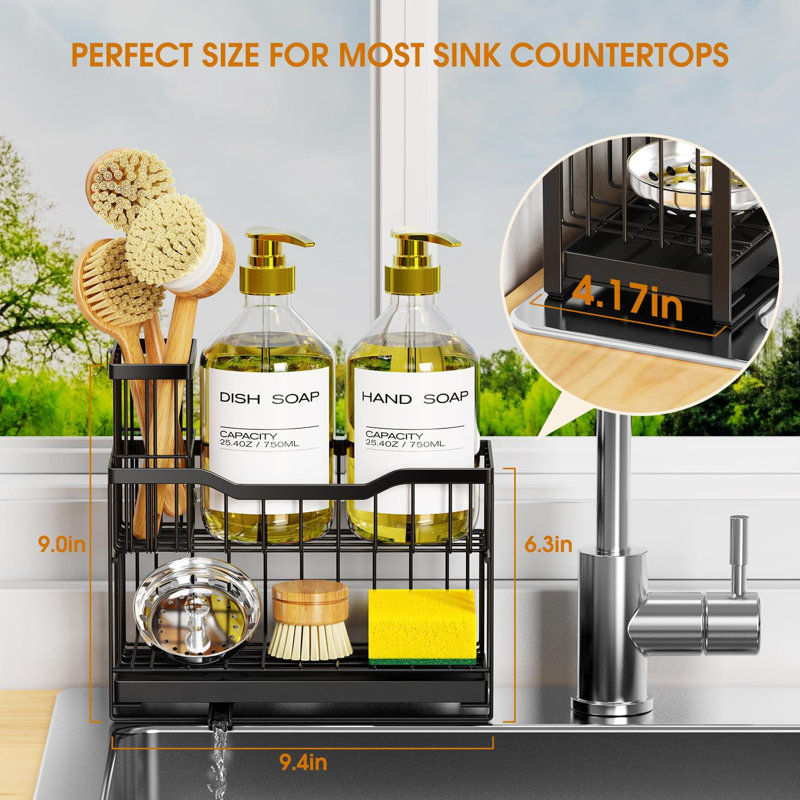 2-Tier Kitchen Sink Organizer With Rotating Spout, Adjustable Brush Holder & Self-Draining Tray, Rustproof Metal Sponge Caddy For Countertop Storage